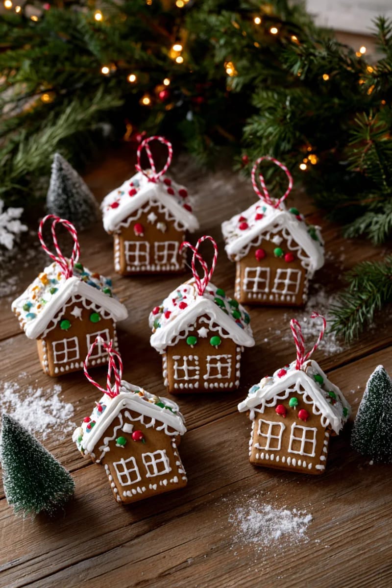 craft stick gingerbread house ornaments with drawn icing and candy stickers 1