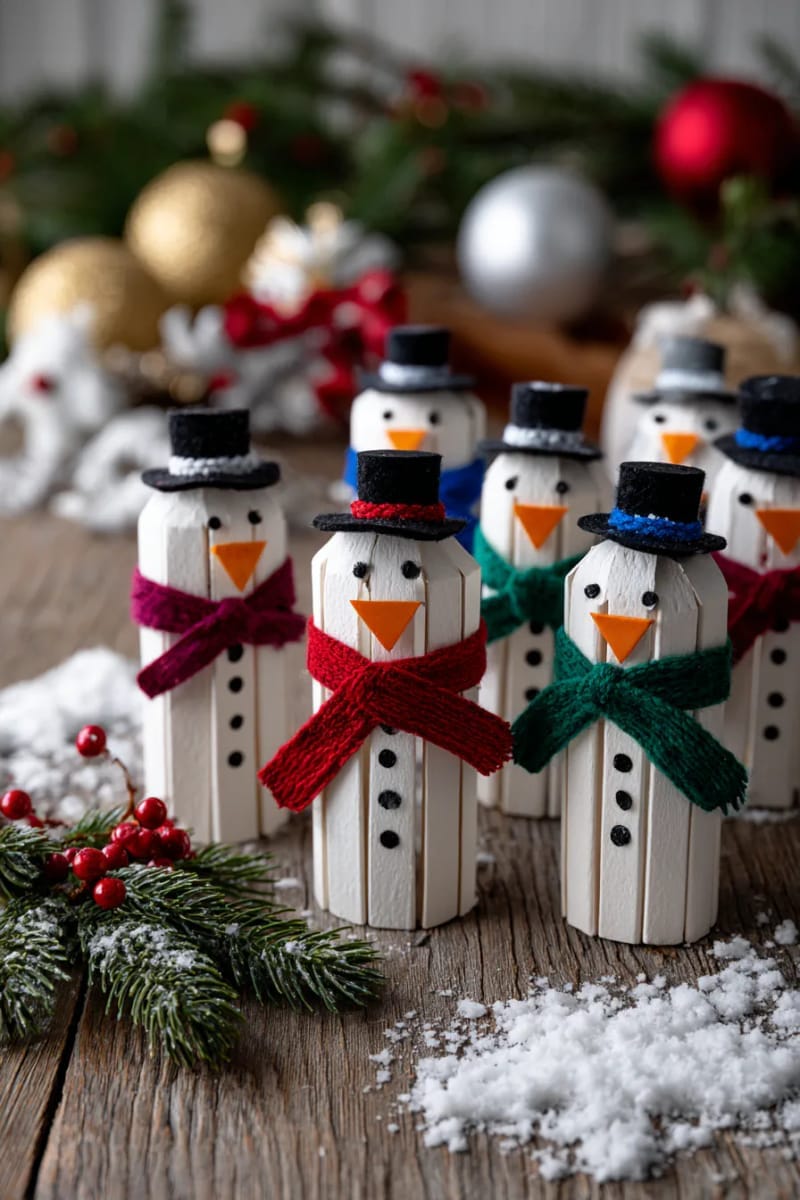 craft stick snowmen with felt scarves and orange paper carrot noses 1