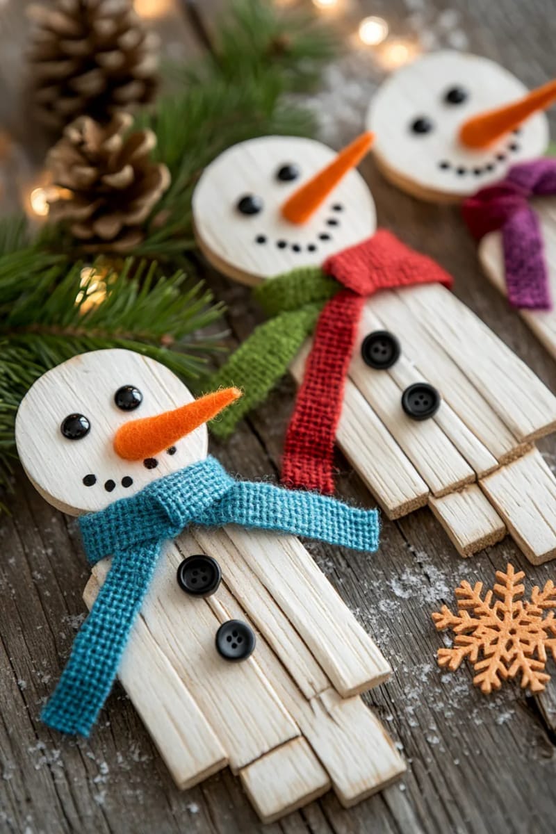 craft stick snowmen with felt scarves and orange paper carrot noses 1