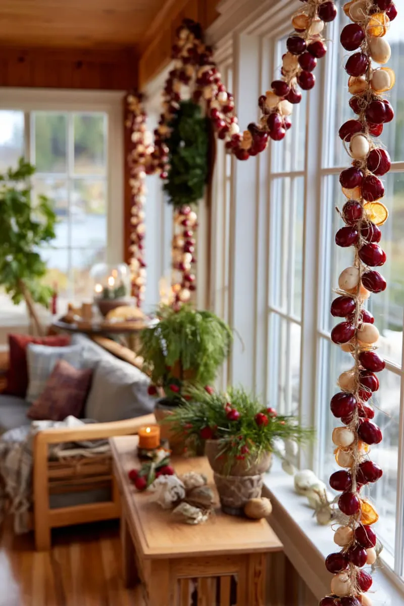25 Traditional Christmas Decor Ideas with a Nostalgic Vintage Touch 14 cranberry and orange slice garlands draped across windows for natural charm 1