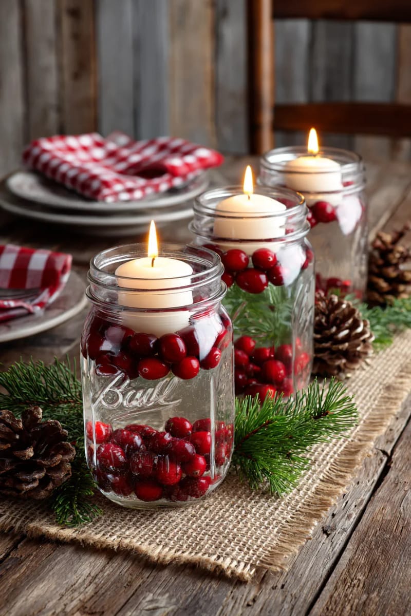 27 Country Christmas Decor Ideas That Wow 18 create a centerpiece with mason jars, cranberries, and floating candles. 1