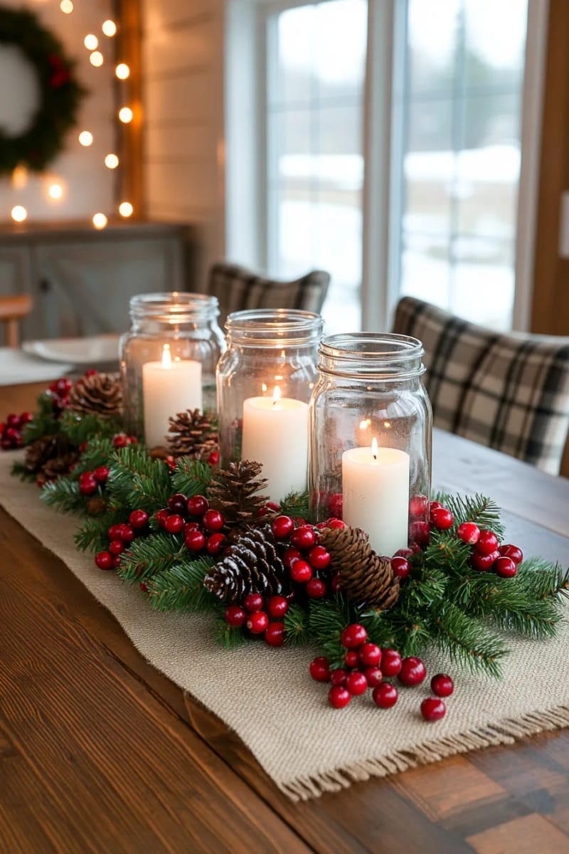 27 Country Christmas Decor Ideas That Wow 19 create a centerpiece with mason jars, cranberries, and floating candles. 1