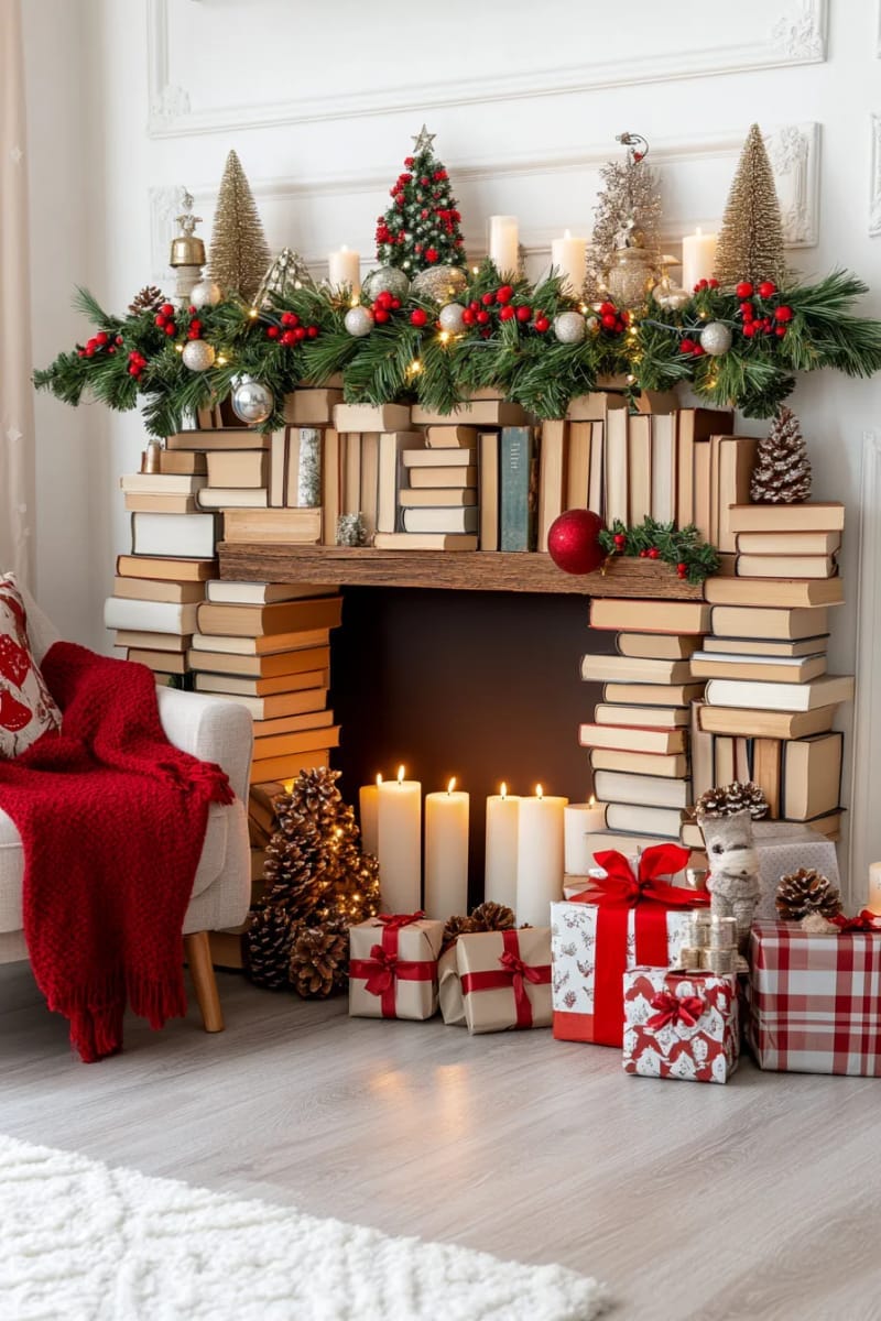 23 Christmas Decor Ideas Without a Fireplace (That Still Feel Magical) 3 create a faux mantel with stacked books, greenery garland, and pillar candles 1