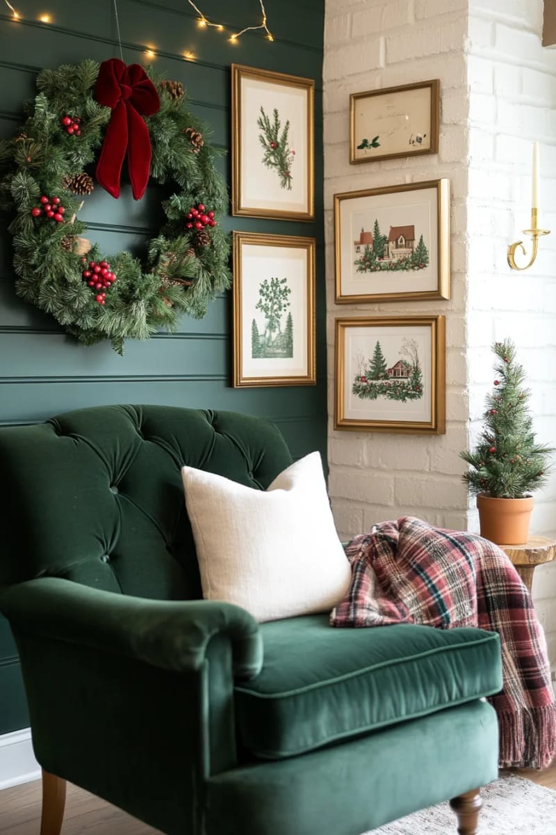 create a festive gallery wall with framed vintage holiday prints and wreaths 1