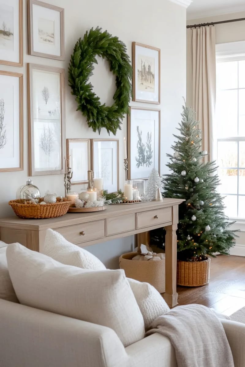 create a festive gallery wall with framed vintage holiday prints and wreaths 1