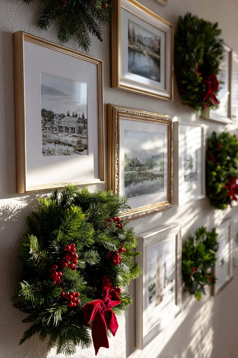 create a festive gallery wall with framed vintage holiday prints and wreaths 1