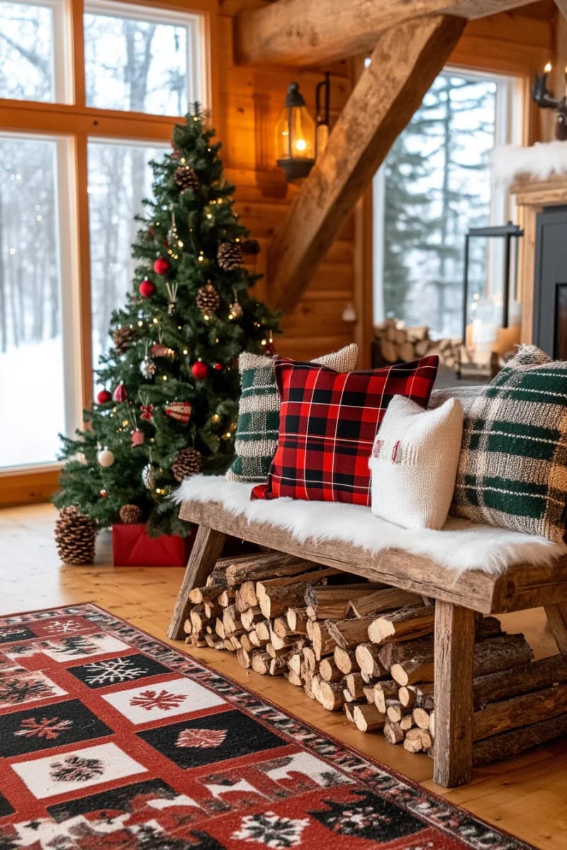 27 Country Christmas Decor Ideas That Wow 60 create a rustic display with stacked firewood, plaid pillows, and greenery. 1