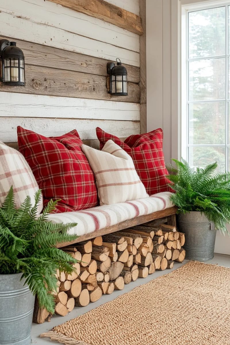 27 Country Christmas Decor Ideas That Wow 61 create a rustic display with stacked firewood, plaid pillows, and greenery. 1
