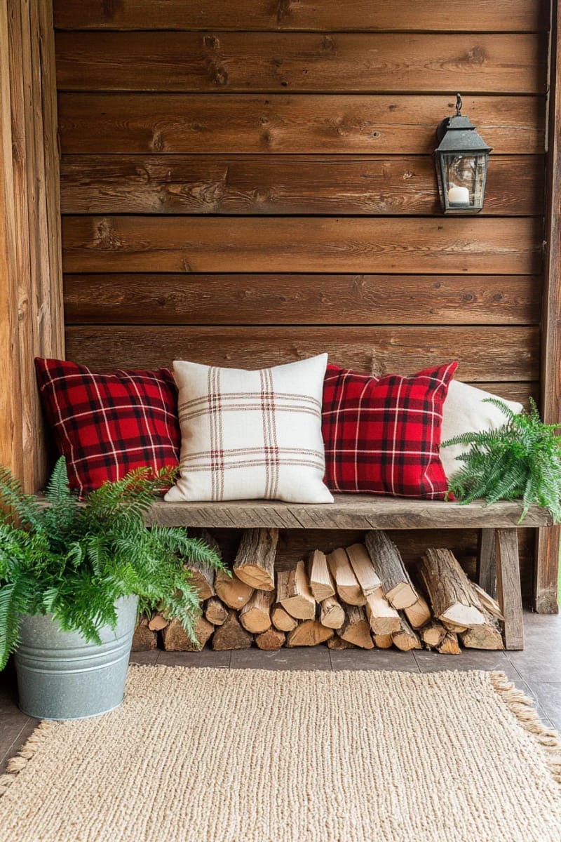 27 Country Christmas Decor Ideas That Wow 62 create a rustic display with stacked firewood, plaid pillows, and greenery. 1