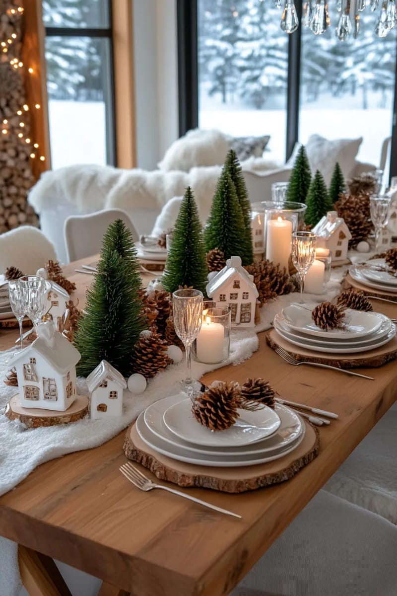 27 Stunning Winter Decor Ideas for a Stylish Retreat 3 create a snowy woodland tablescape with miniature pine trees and white houses. 1