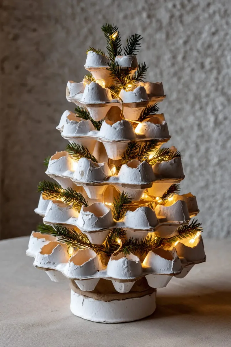 27 Sustainable Christmas Trees For Cheap and Eco-Friendly Decor 24 create a white christmas tree from painted old egg cartons and led lights. 1