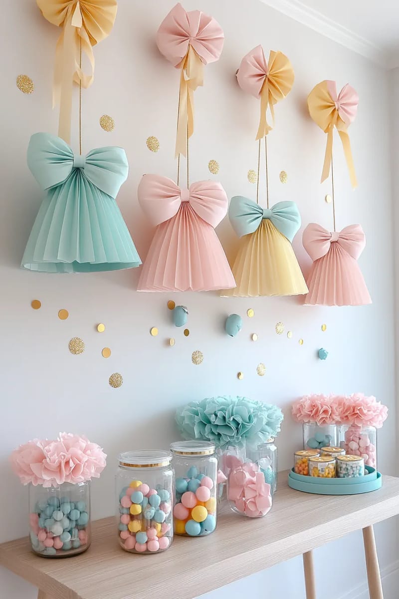 27 Unique Christmas Craft Decorations for Inspired Homes 125 crepe paper bells and bows for a playful party decoration wall 1