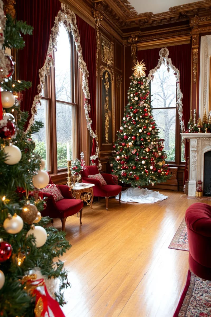 crimson and ivory christmas trees beside victorian bay windows 1