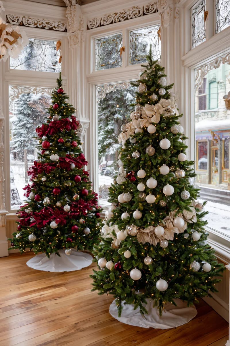 crimson and ivory christmas trees beside victorian bay windows 1