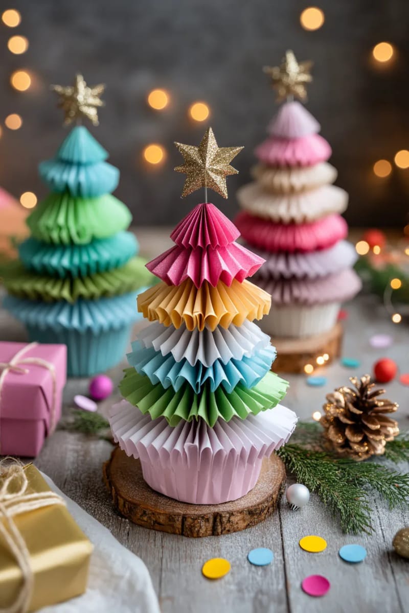 cupcake liner christmas trees decorated with pom-poms and paper stars 1