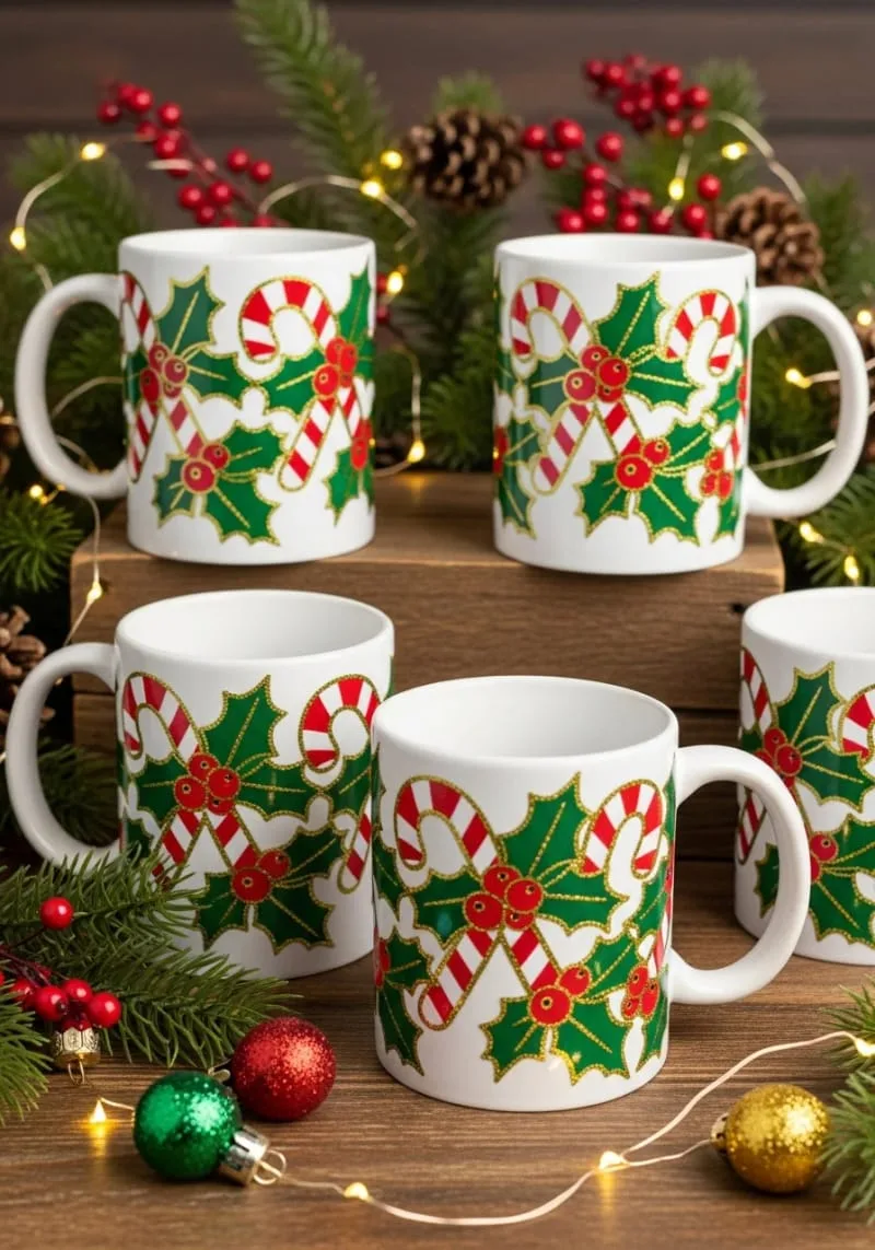 cute christmas mug wraps with candy cane and holly motifs 1