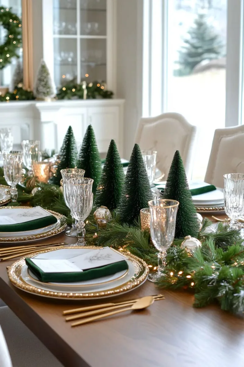 dark bottlebrush trees grouped on a mirrored tray for table decor 1