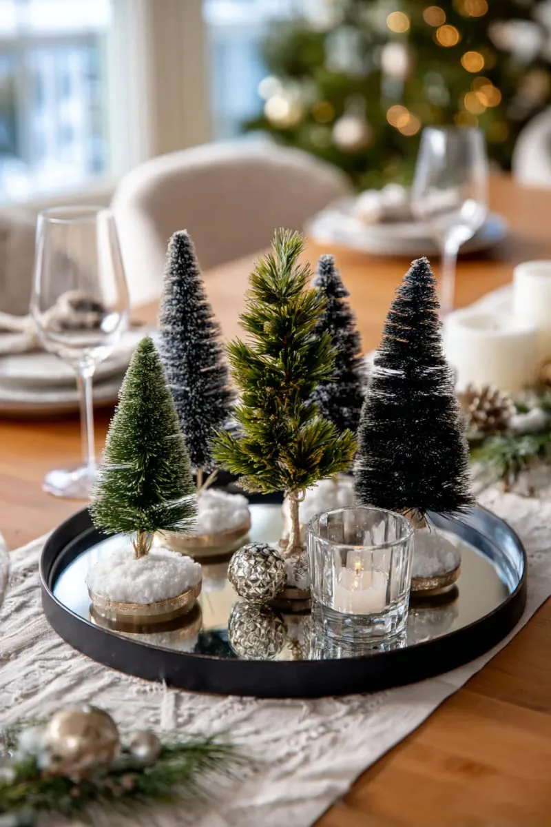 dark bottlebrush trees grouped on a mirrored tray for table decor 1