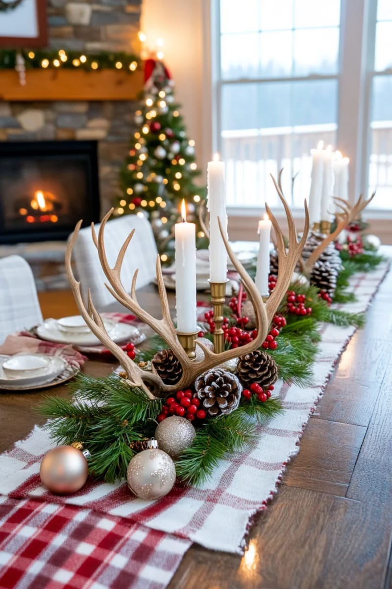 27 Country Christmas Decor Ideas That Wow 43 decorate a dining table with antlers, pinecones, and classic candles. 1