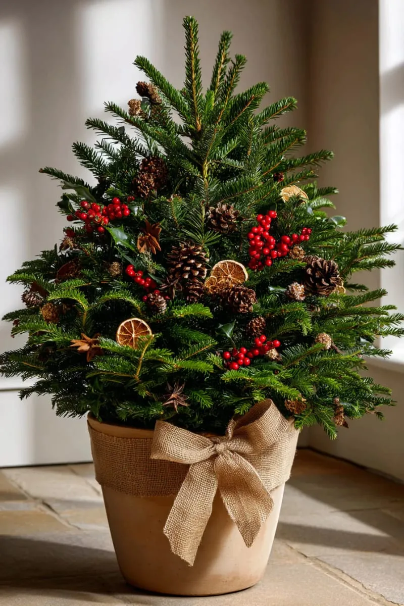 27 Sustainable Christmas Trees For Cheap and Eco-Friendly Decor 22 decorate a potted evergreen with natural ornaments and burlap ribbon. 1