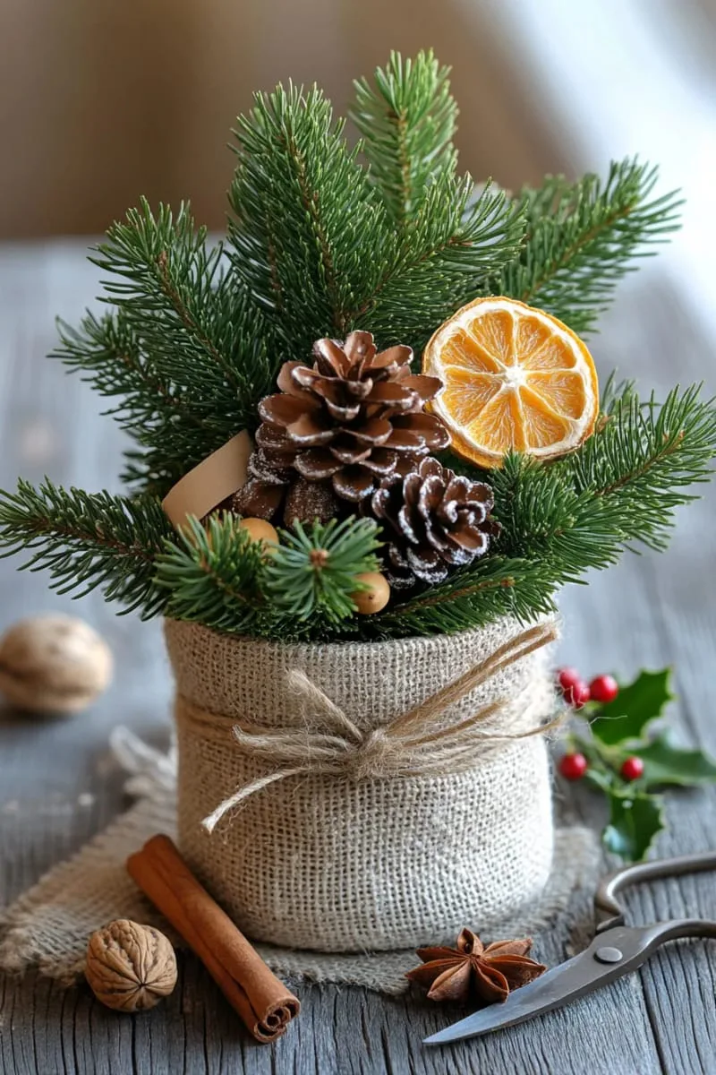 27 Sustainable Christmas Trees For Cheap and Eco-Friendly Decor 23 decorate a potted evergreen with natural ornaments and burlap ribbon. 1