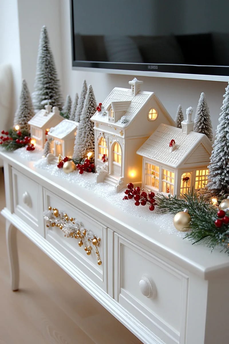 decorate the tv stand with a ceramic christmas village glowing softly 1