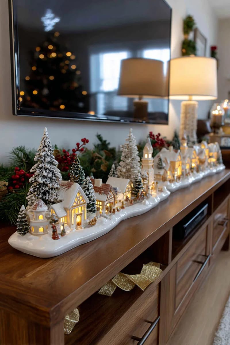 decorate the tv stand with a ceramic christmas village glowing softly 1