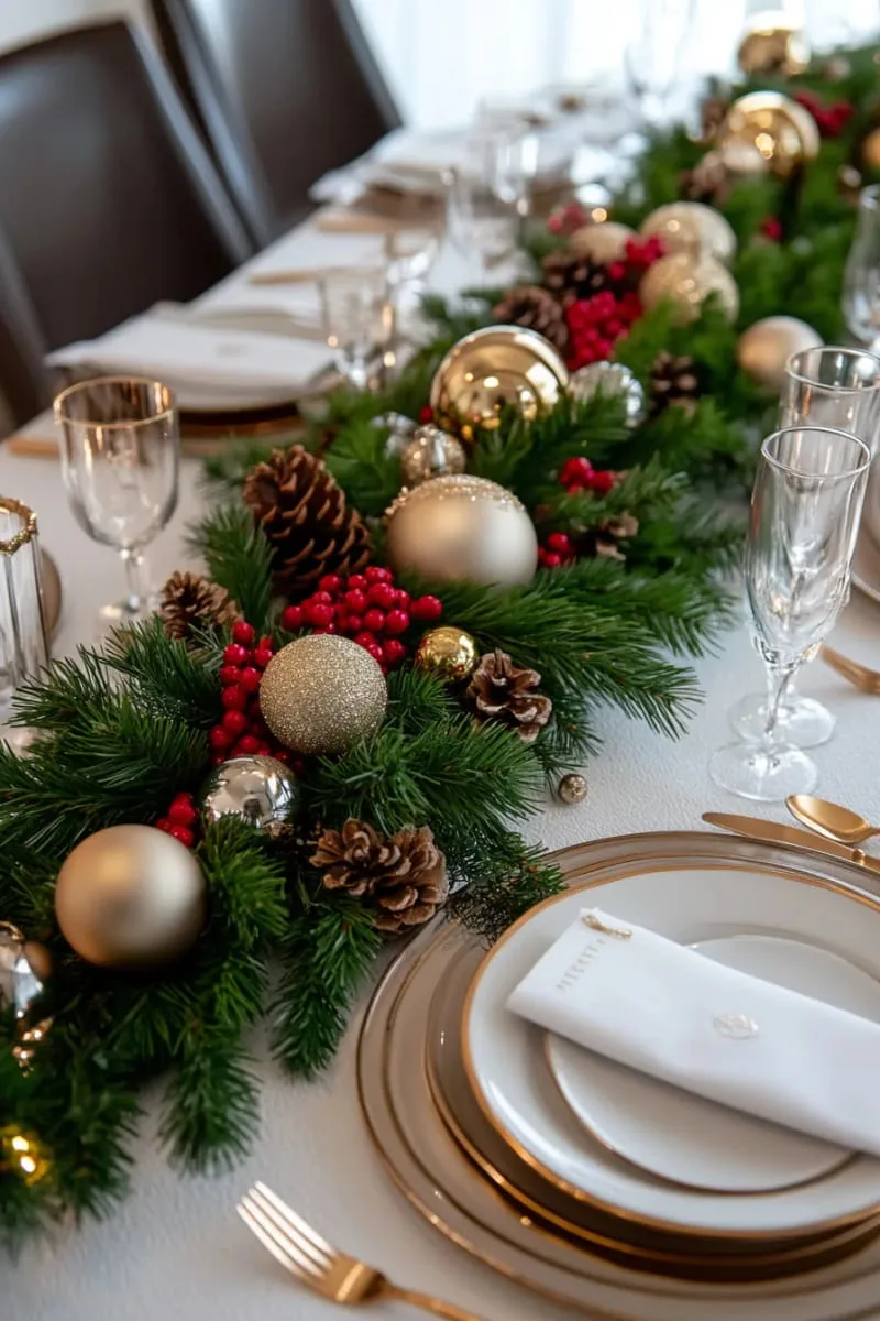 decorate your holiday table with scattered pine, berry stems, and shiny ornaments. 1