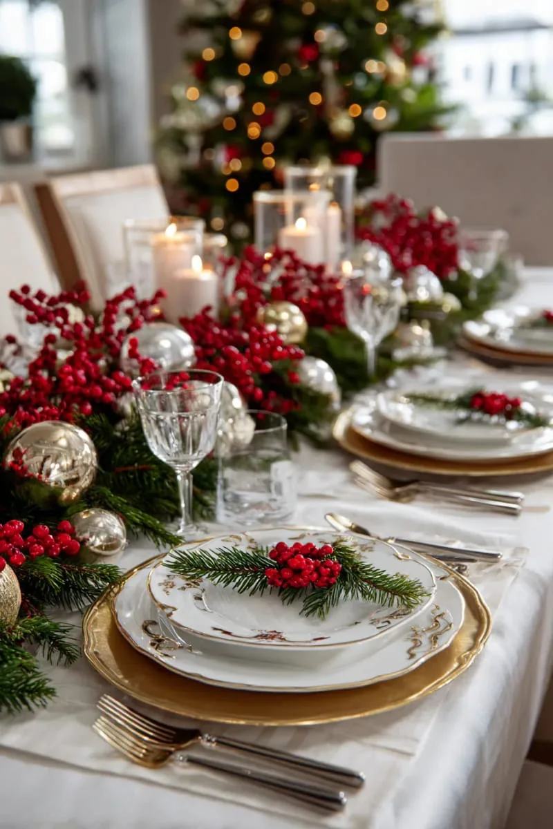 decorate your holiday table with scattered pine, berry stems, and shiny ornaments. 1