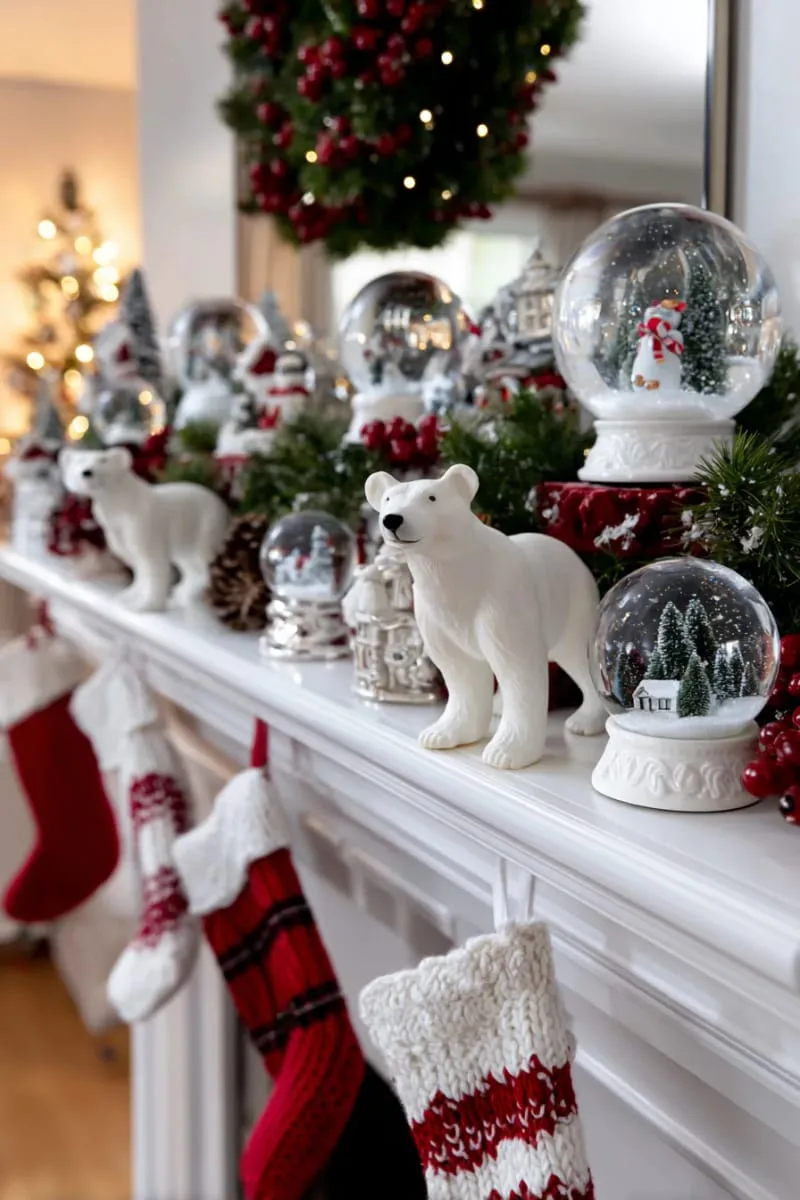 decorate your mantel with snow globe ornaments and polar bear figurines. 1