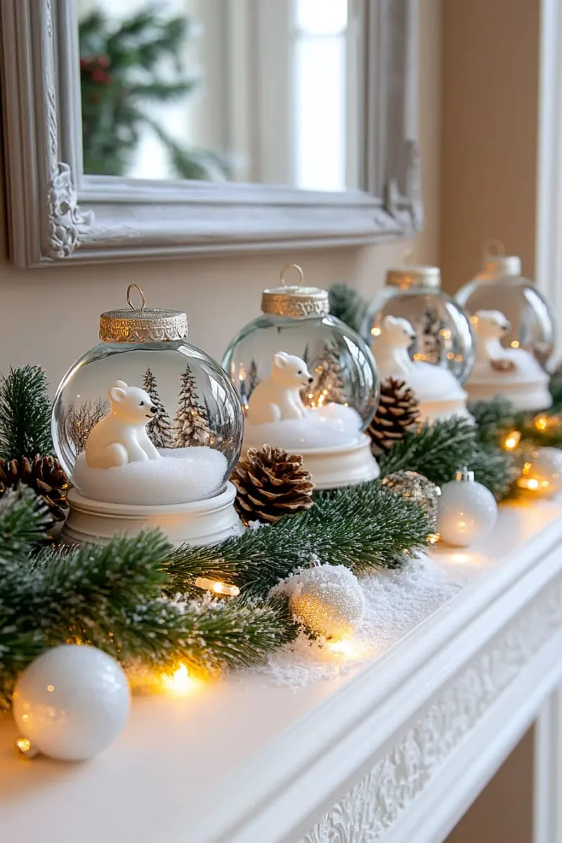decorate your mantel with snow globe ornaments and polar bear figurines. 1