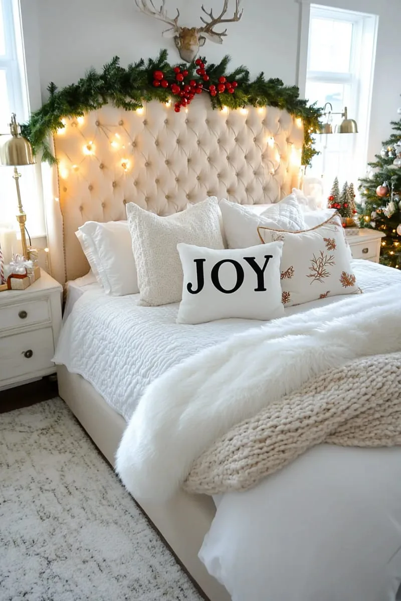 decorative “joy” pillows nestled among plush white cushions 1