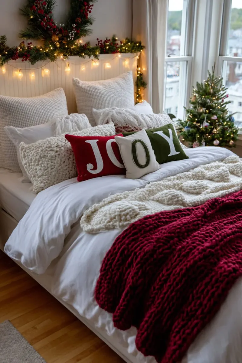 decorative “joy” pillows nestled among plush white cushions 1