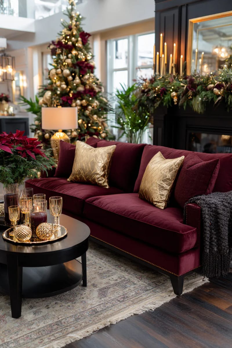 deep burgundy and gold palette for an elegant, moody christmas lounge 1