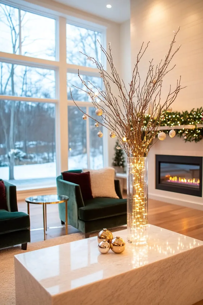 delicate glass icicle ornaments hanging from bare winter branches 1