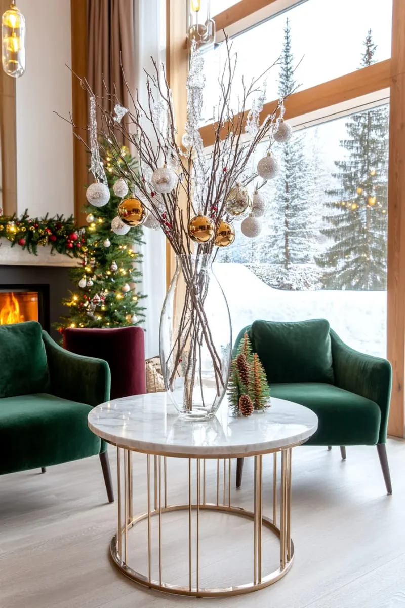 delicate glass icicle ornaments hanging from bare winter branches 1