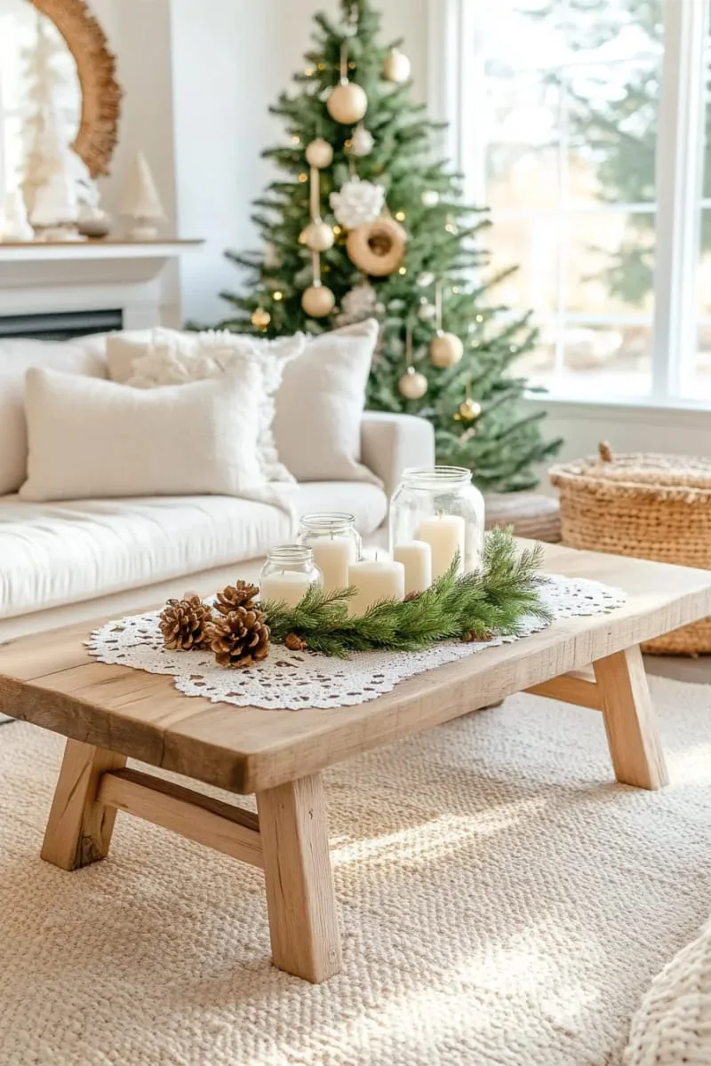 delicate lace doilies layered under pine-scented candles 1