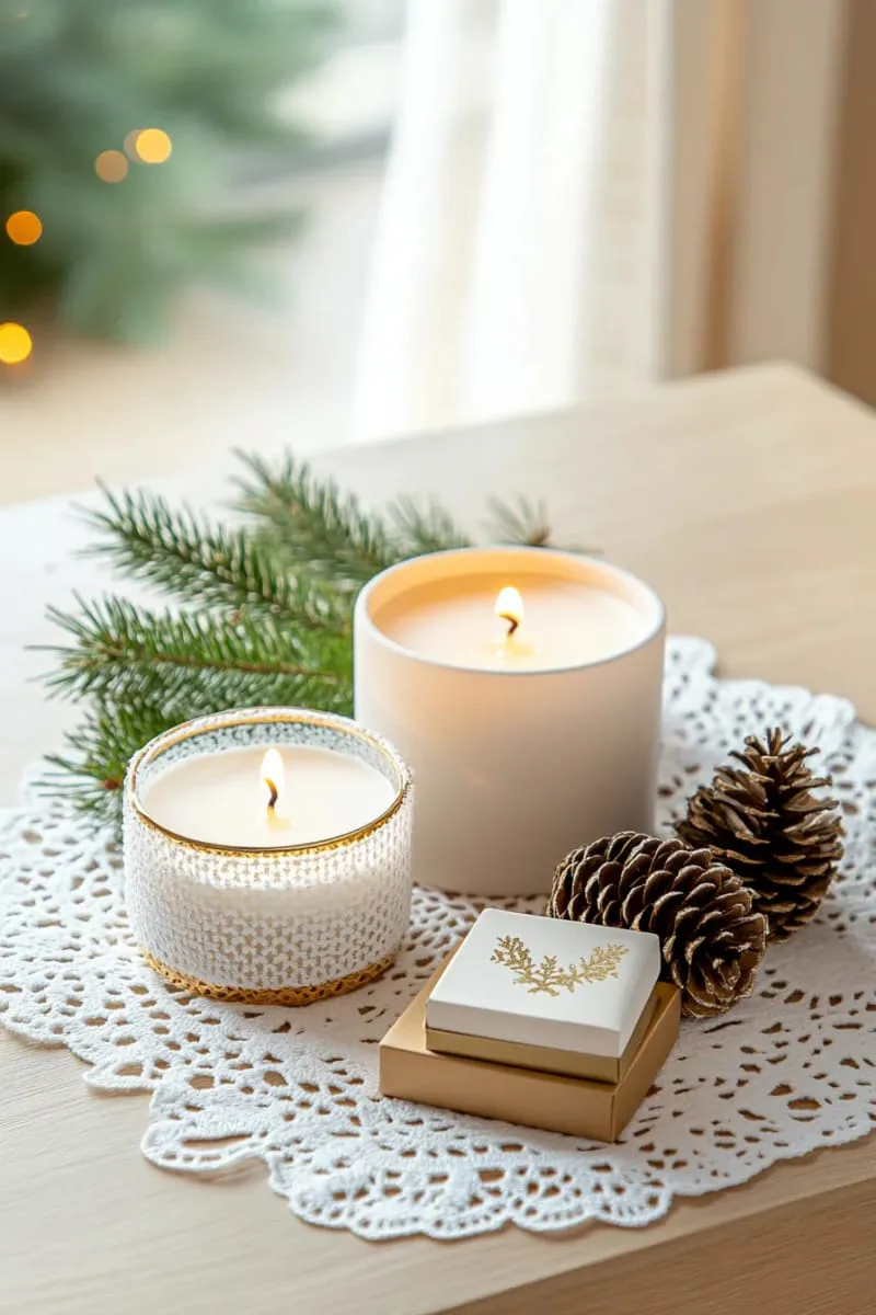 delicate lace doilies layered under pine-scented candles 1