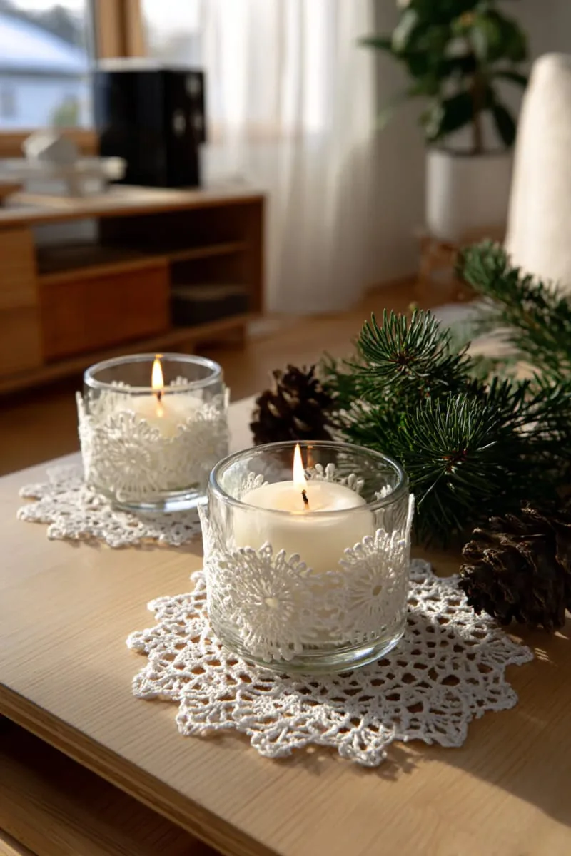 delicate lace doilies layered under pine-scented candles 1