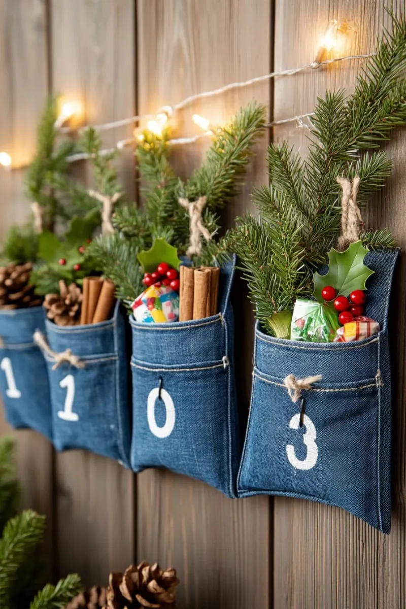 25 Upcycled Christmas Crafts DIY: Unique & Budget Friendly Decor Ideas 76 denim pocket advent calendar with embroidered numbers and candy treats 1