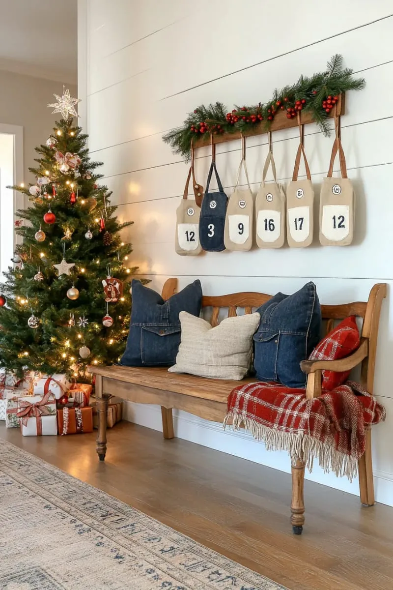 25 Upcycled Christmas Crafts DIY: Unique & Budget Friendly Decor Ideas 77 denim pocket advent calendar with embroidered numbers and candy treats 1