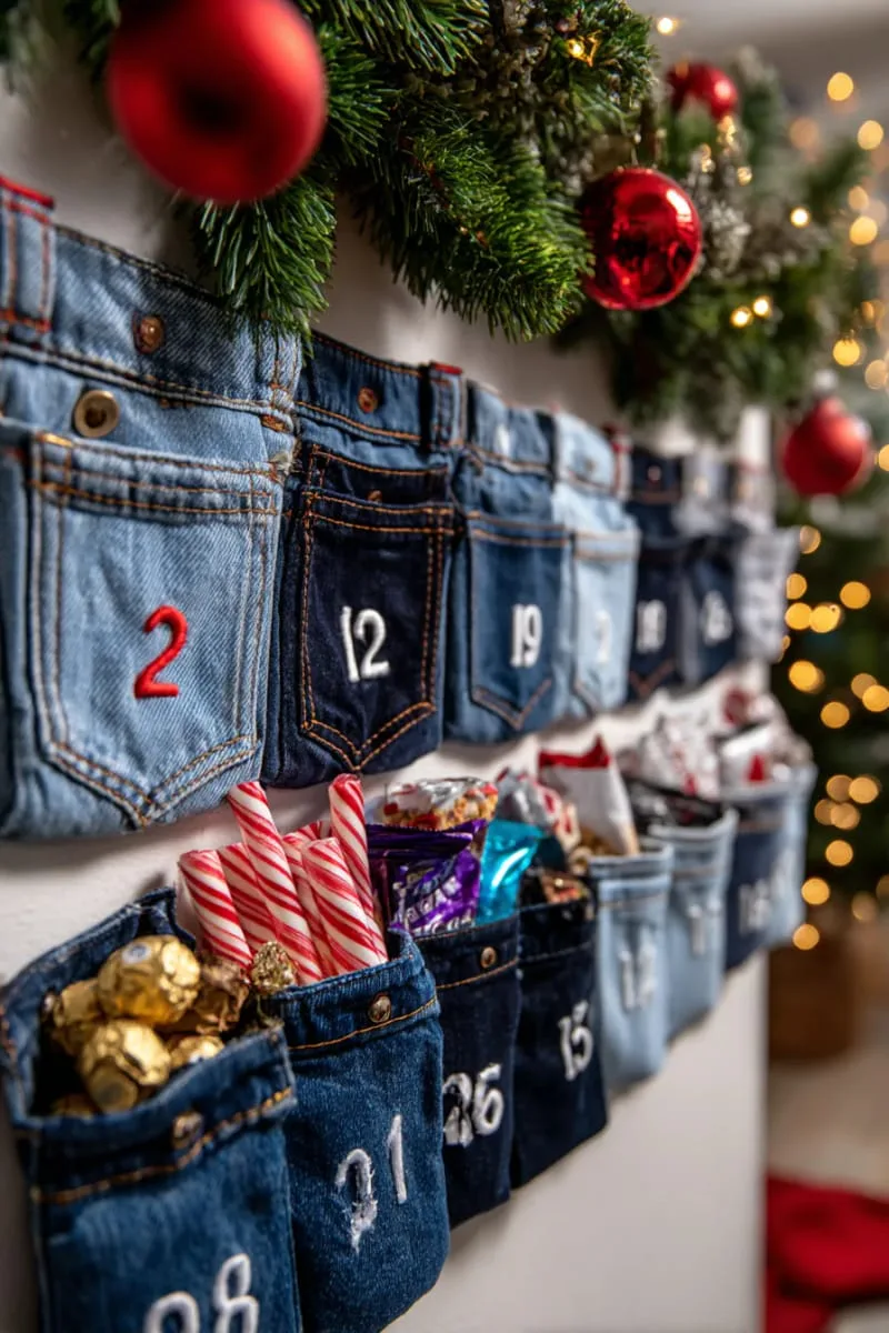 25 Upcycled Christmas Crafts DIY: Unique & Budget Friendly Decor Ideas 81 denim pocket advent calendar with embroidered numbers and candy treats 1