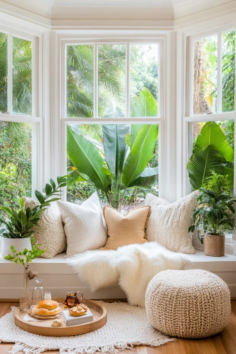 27 Stunning Winter Decor Ideas for a Stylish Retreat 64 design a cozy window nook with pillows, knit poufs, and layered sheepskin rugs. 1