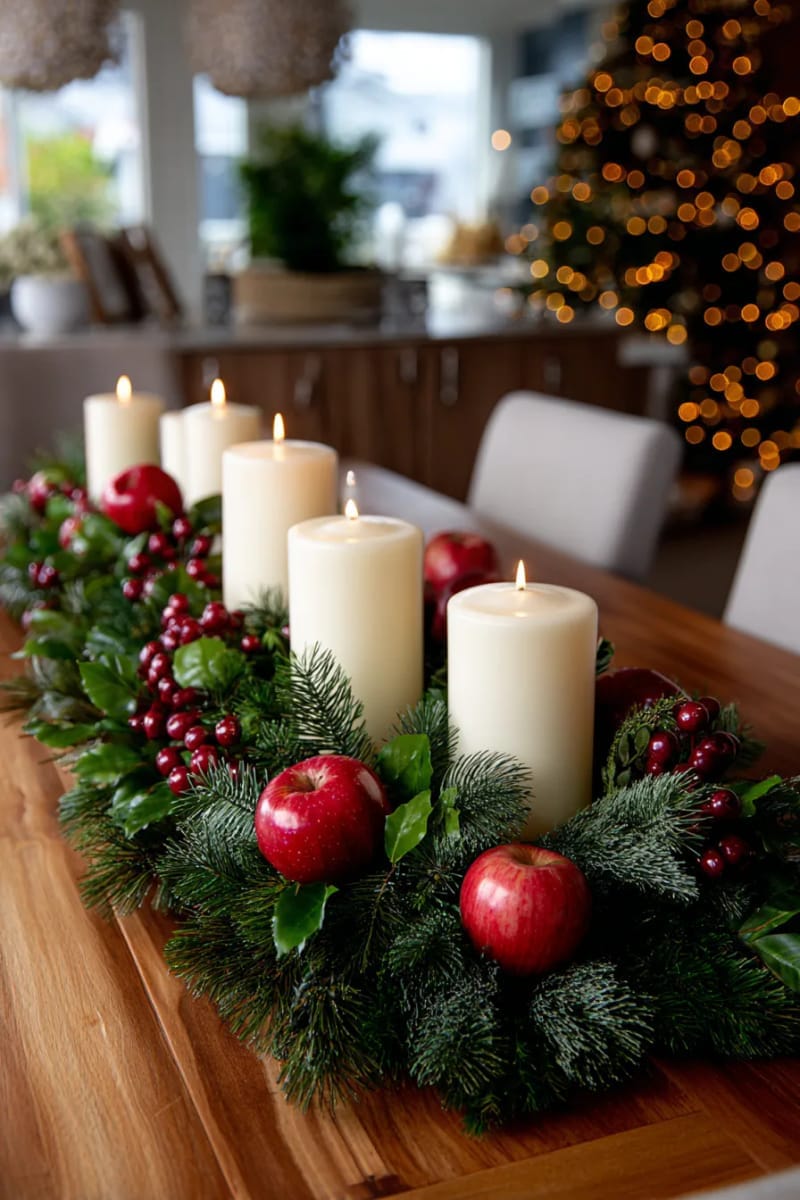 dining table runner of lush green garland with pillar candles and apples 1