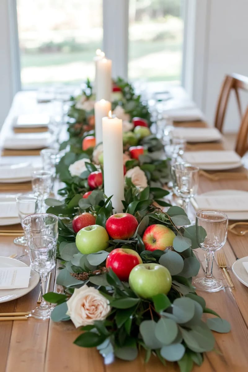 dining table runner of lush green garland with pillar candles and apples 1