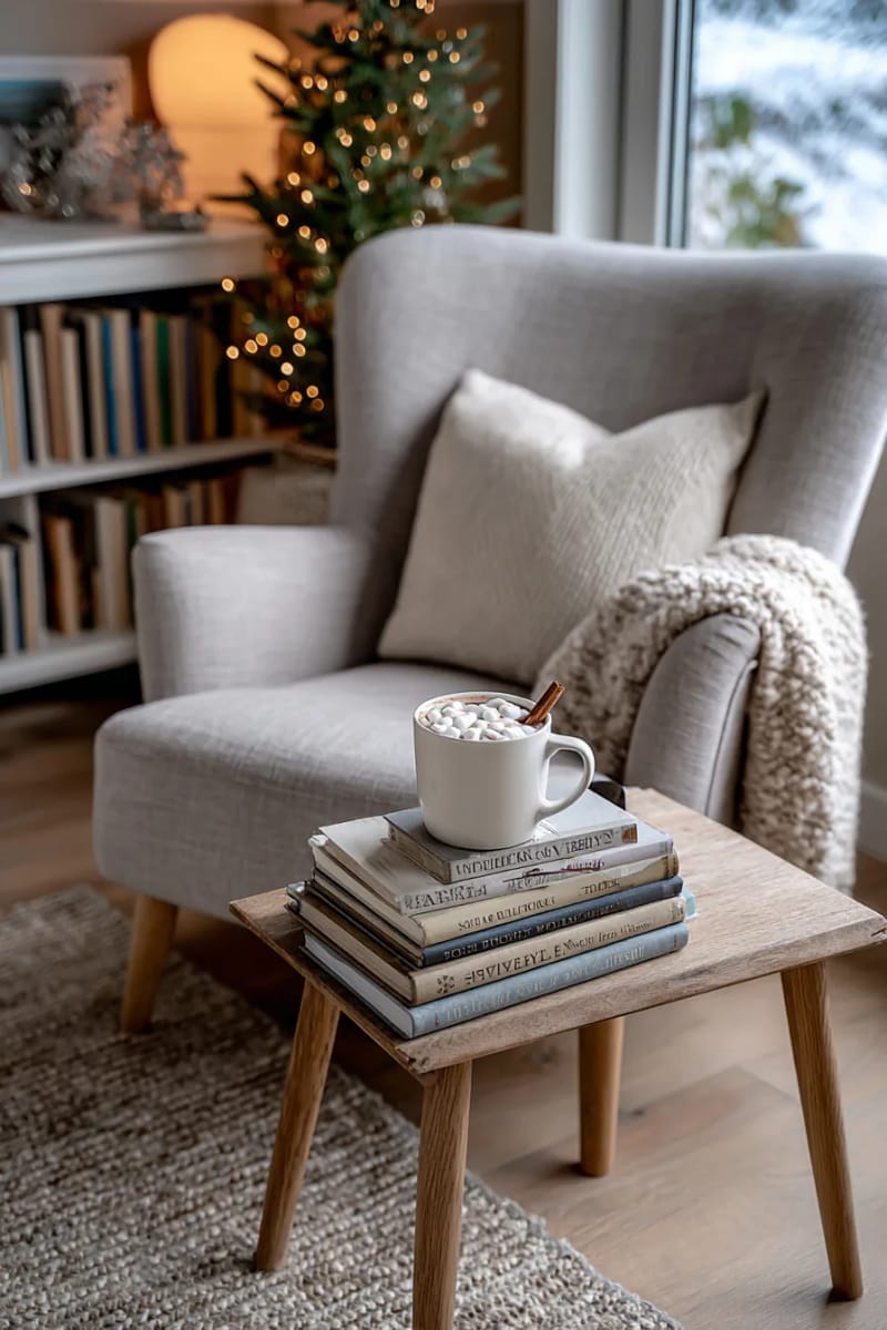 27 Stunning Winter Decor Ideas for a Stylish Retreat 49 display a stack of classic winter novels and a mug of cocoa by a reading chair. 1