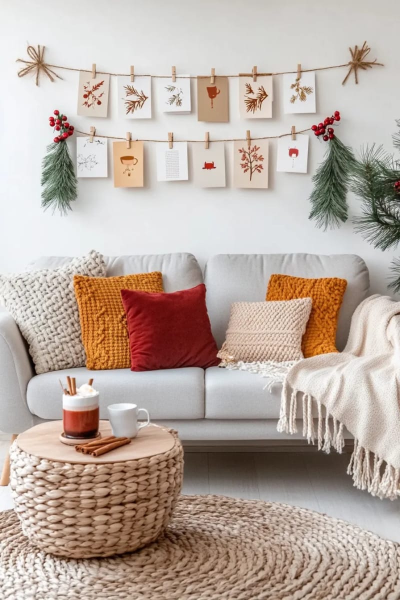 display christmas cards on a string with tiny clothespins above the sofa 1