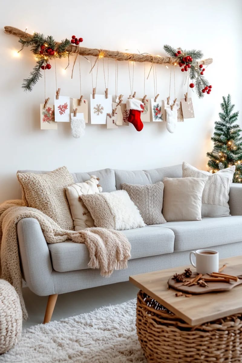 display christmas cards on a string with tiny clothespins above the sofa 1