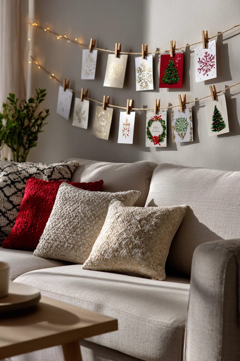 display christmas cards on a string with tiny clothespins above the sofa 1