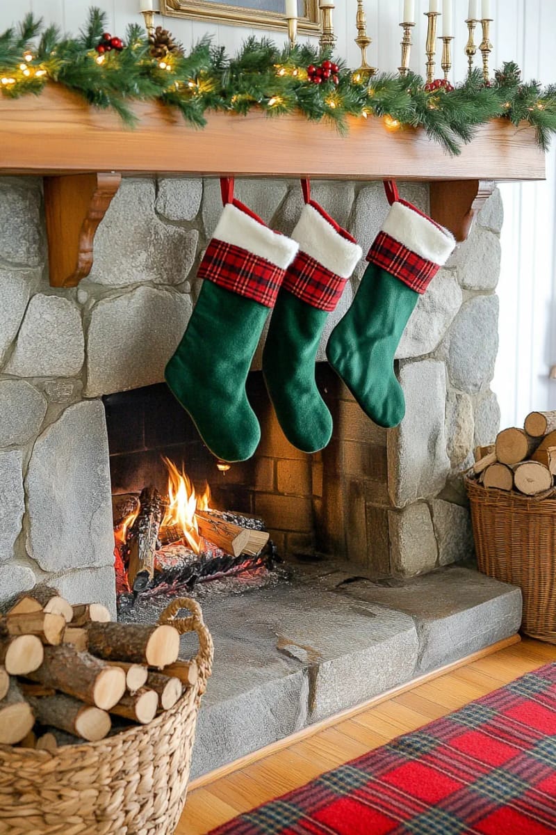 display classic red and green tartan accents with velvet stockings by the fire 1